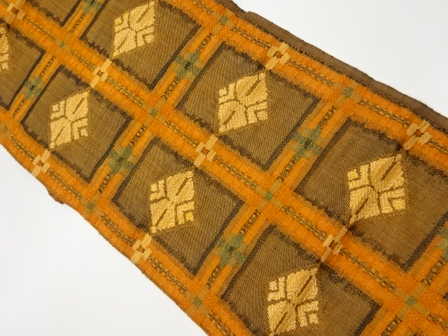 リサイクル　手織り紬格子に菱模様織出し名古屋帯